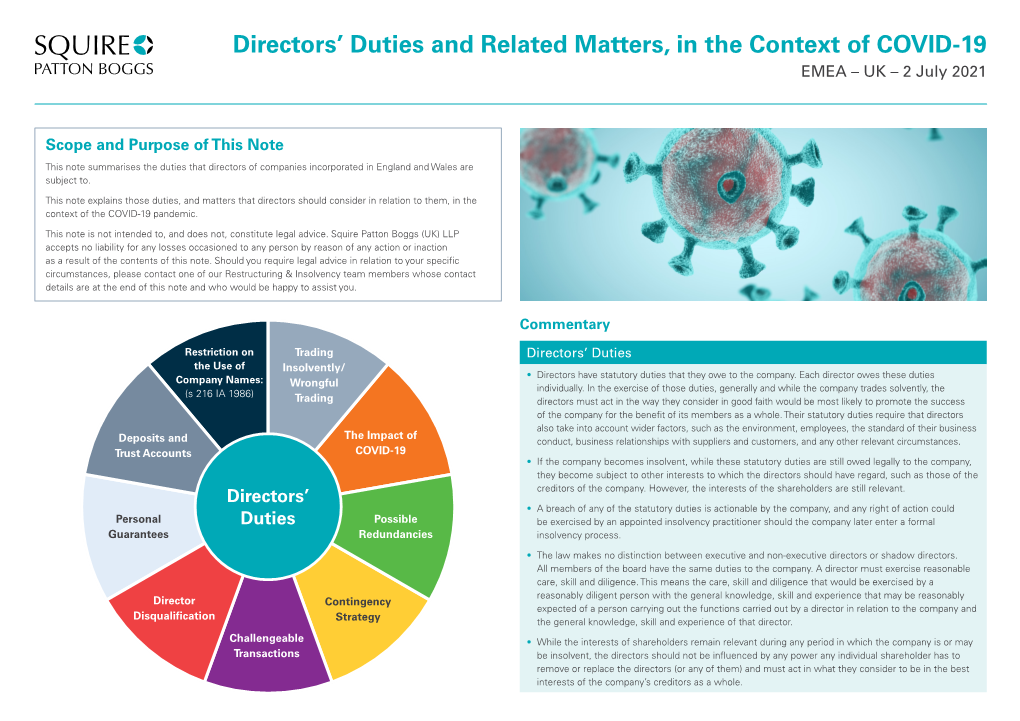 Directors' Duties and Related Matters, in the Context of COVID-19