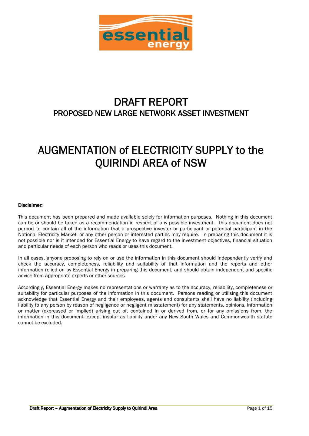 AUGMENTATION of ELECTRICITY SUPPLY to the QUIRINDI AREA of NSW