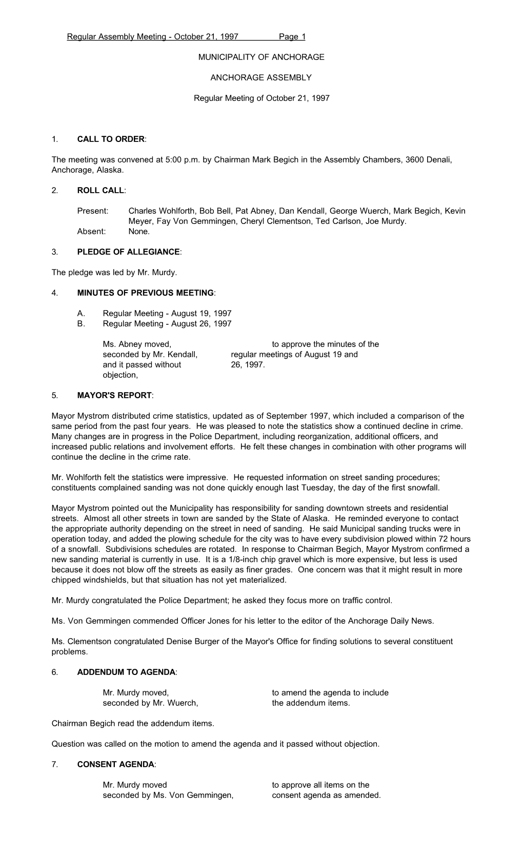 Regular Assembly Meeting - October 21, 1997 Page 1