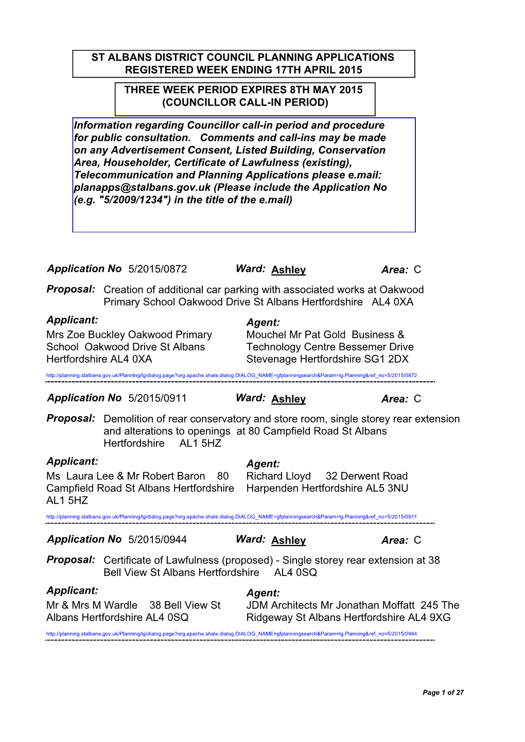 Three Week Period Expires 8Th May 2015 (Councillor Call-In Period)