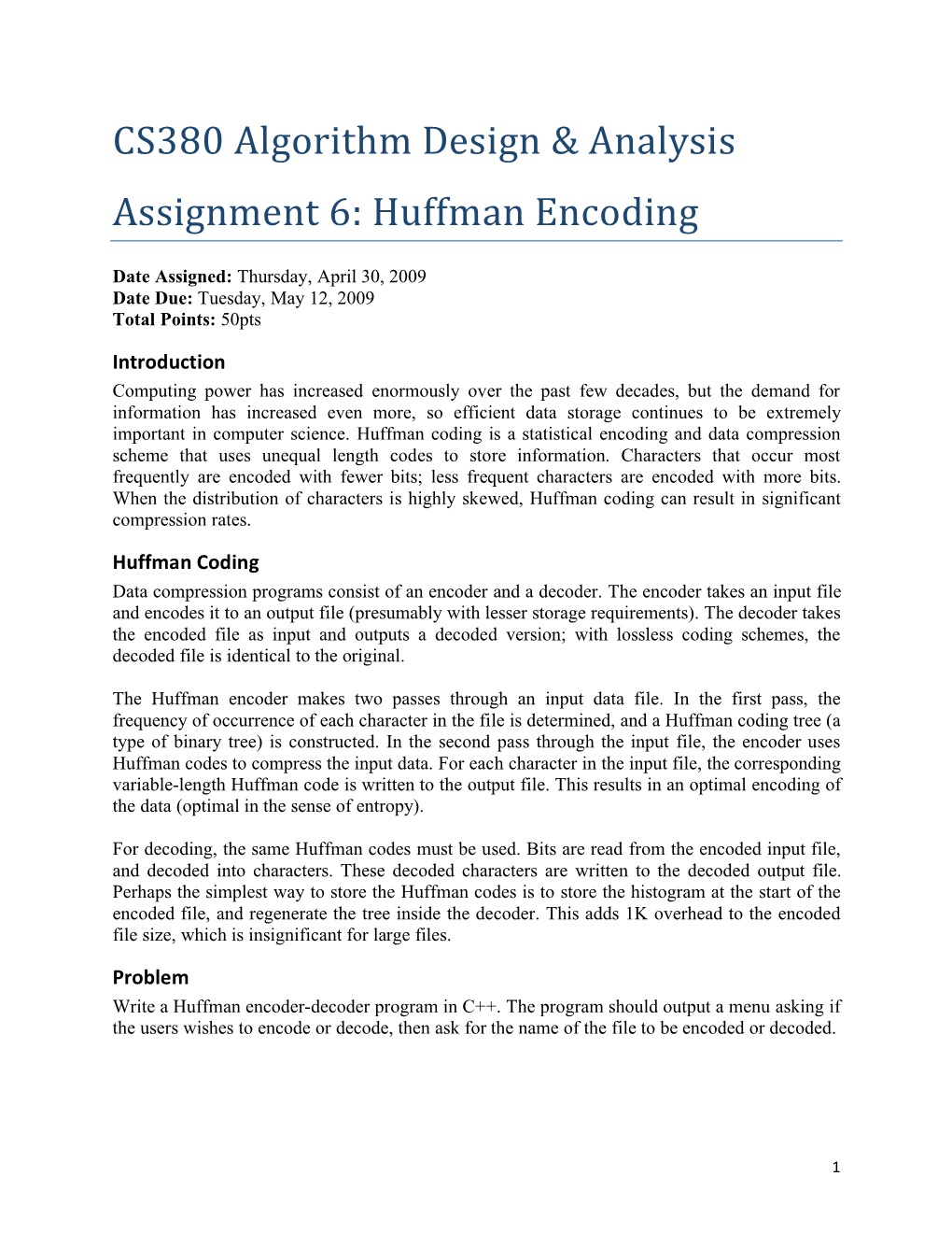 CS380 Algorithm Design & Analysis Assignment 6: Huffman Encoding