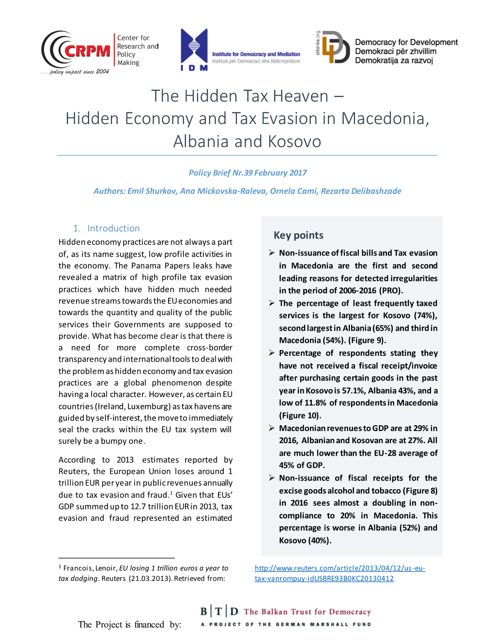 Hidden Economy and Tax Evasion in Macedonia, Albania and Kosovo