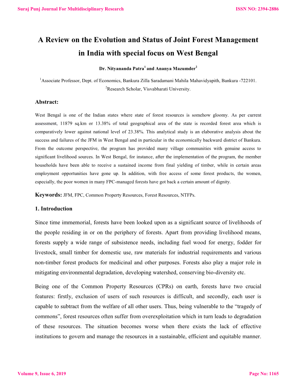 A Review on the Evolution and Status of Joint Forest Management in India with Special Focus on West Bengal