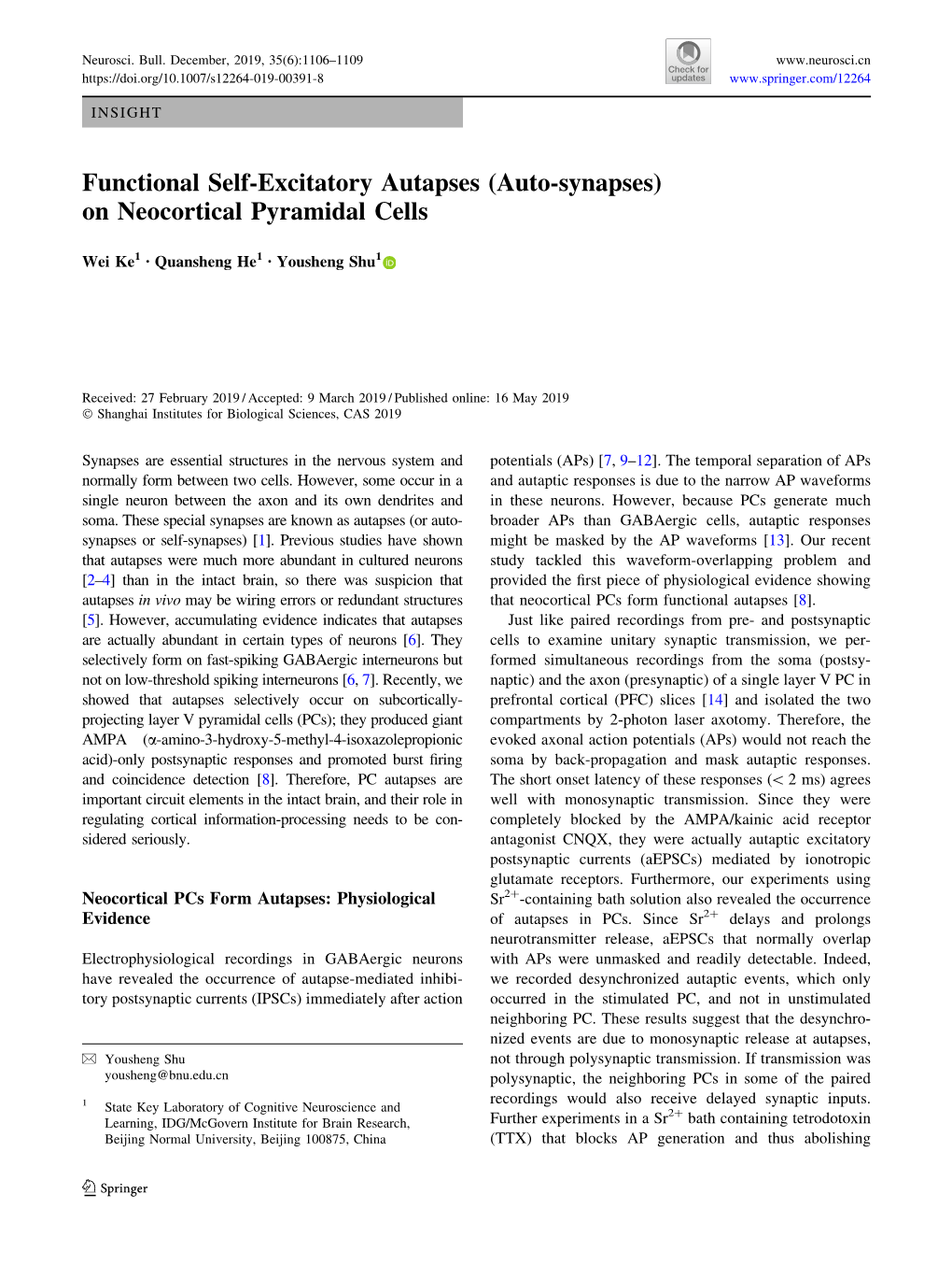 Functional Self-Excitatory Autapses (Auto-Synapses) on Neocortical Pyramidal Cells