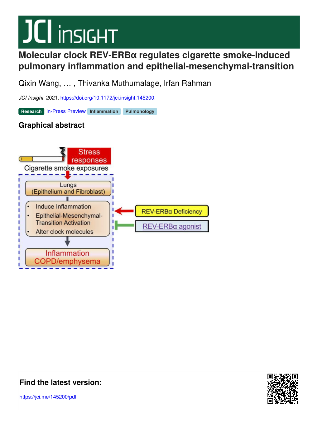 Molecular Clock REV-Erbα Regulates Cigarette Smoke-Induced Pulmonary Inflammation and Epithelial-Mesenchymal-Transition