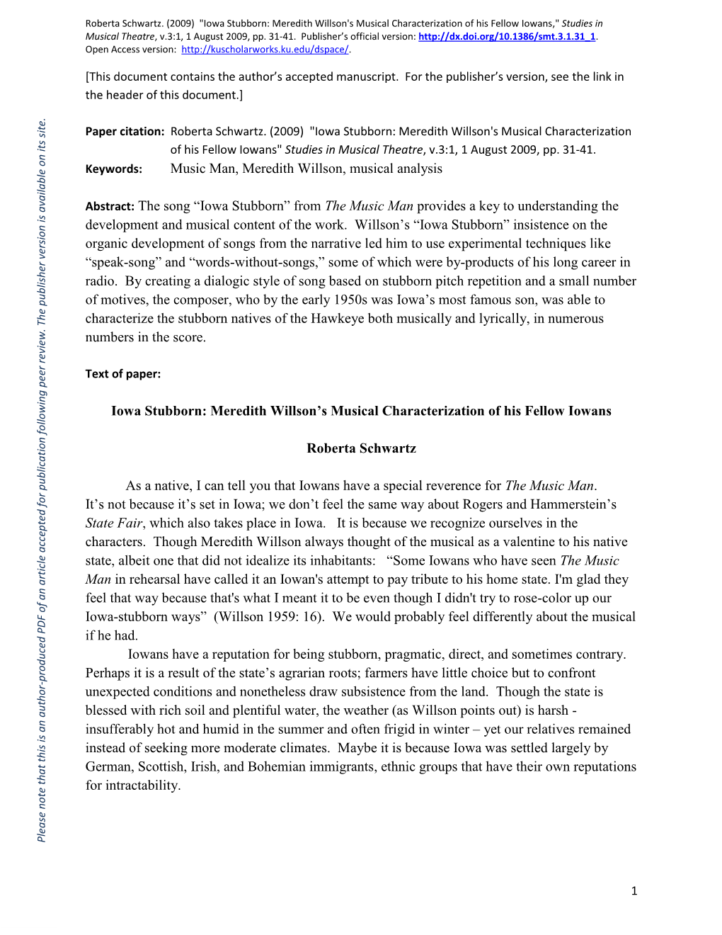 Music Man, Meredith Willson, Musical Analysis Abstract: the Song “Iowa