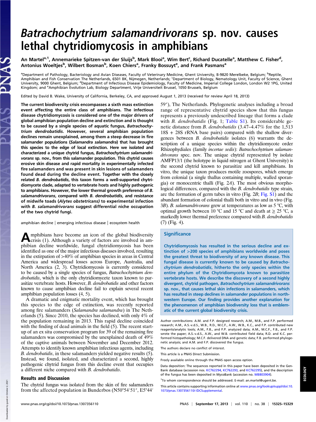 Batrachochytrium Salamandrivorans Sp. Nov. Causes Lethal Chytridiomycosis in Amphibians