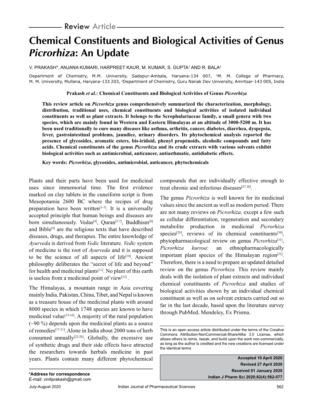 Chemical Constituents and Biological Activities of Genus Picrorhiza: an Update