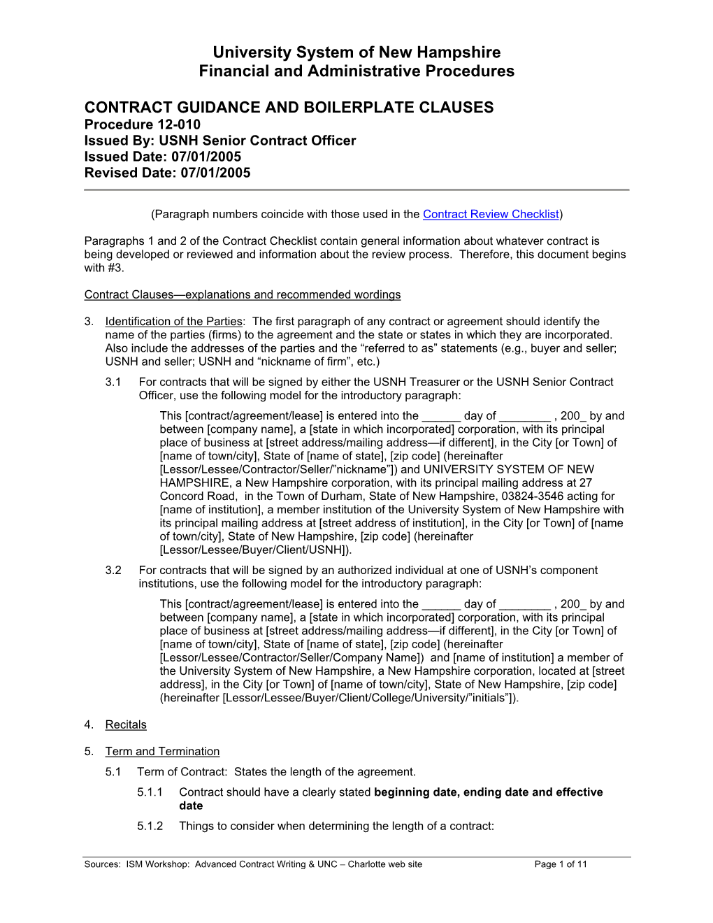 University System of New Hampshire Financial and Administrative Procedures CONTRACT GUIDANCE and BOILERPLATE CLAUSES