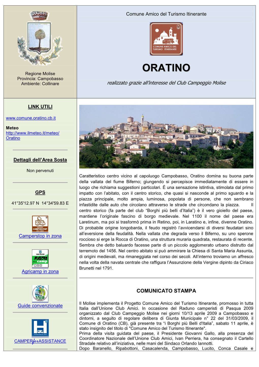 ORATINO Provincia: Campobasso Ambiente: Collinare Realizzato Grazie All’Interesse Del Club Campeggio Molise