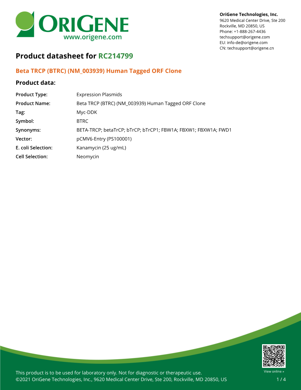 Beta TRCP (BTRC) (NM 003939) Human Tagged ORF Clone Product Data