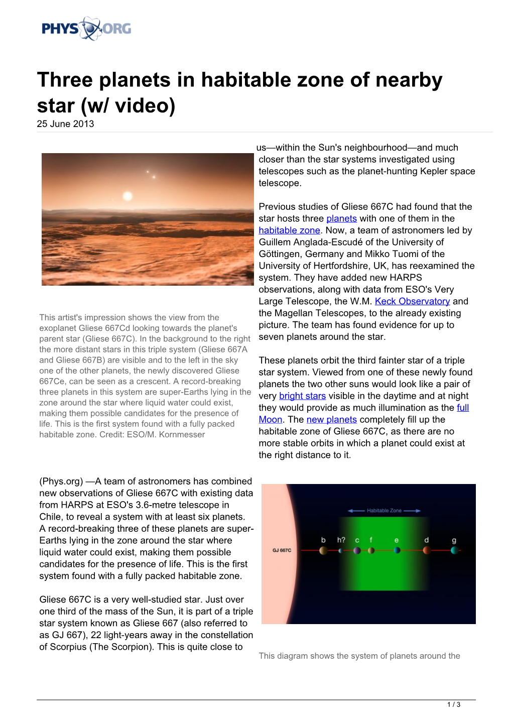 Three Planets in Habitable Zone of Nearby Star (W/ Video) 25 June 2013