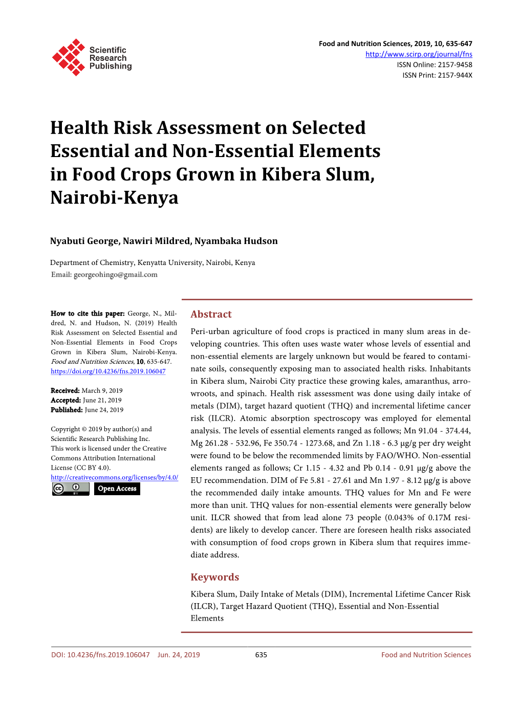 Health Risk Assessment on Selected Essential and Non-Essential Elements in Food Crops Grown in Kibera Slum, Nairobi-Kenya
