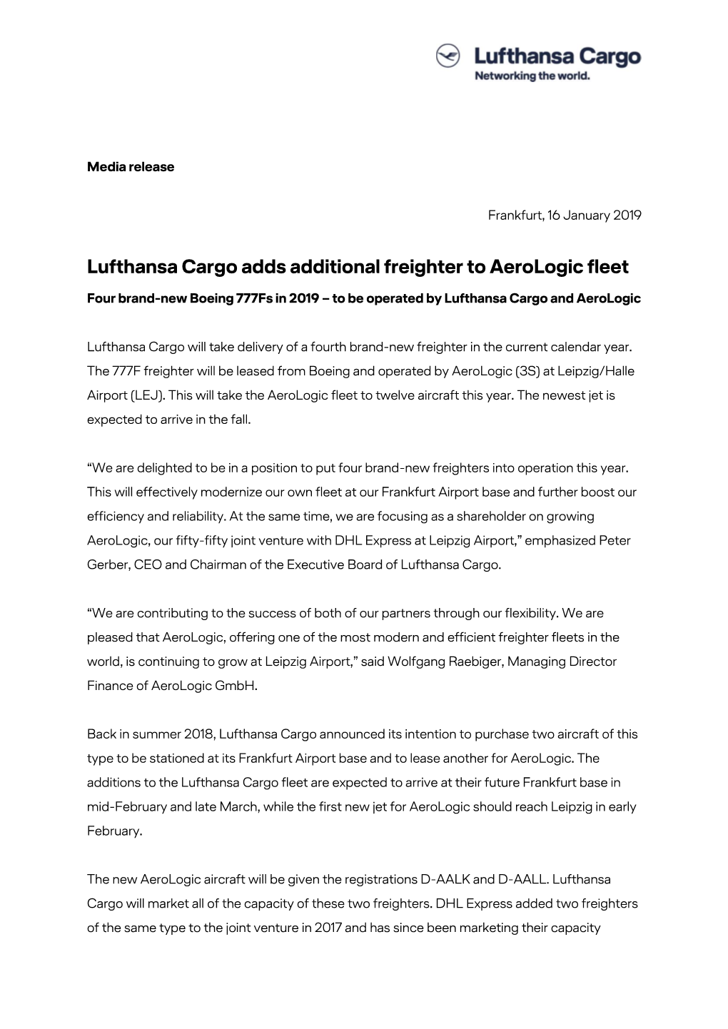 Lufthansa Cargo Adds Additional Freighter to Aerologic Fleet