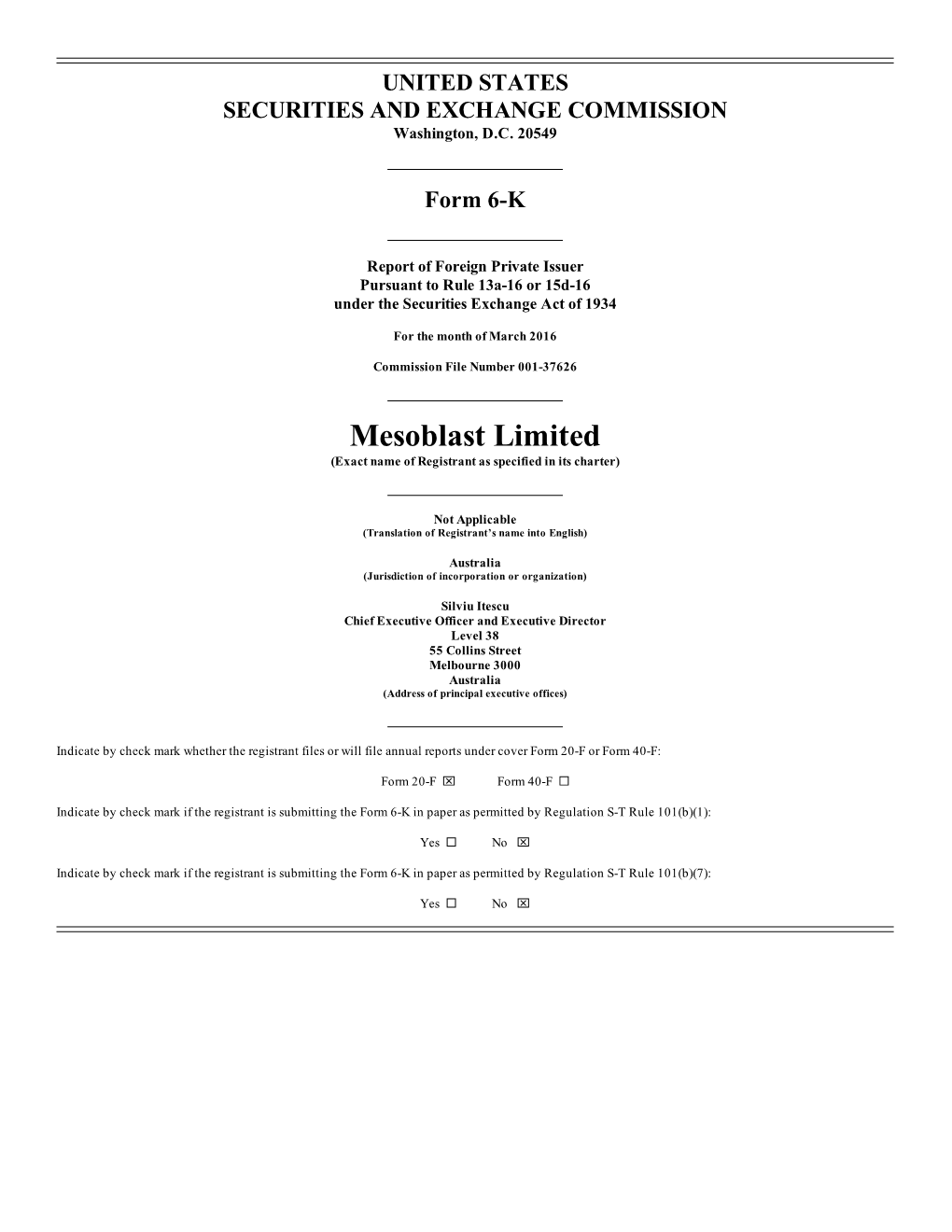 Mesoblast Limited (Exact Name of Registrant As Specified in Its Charter)