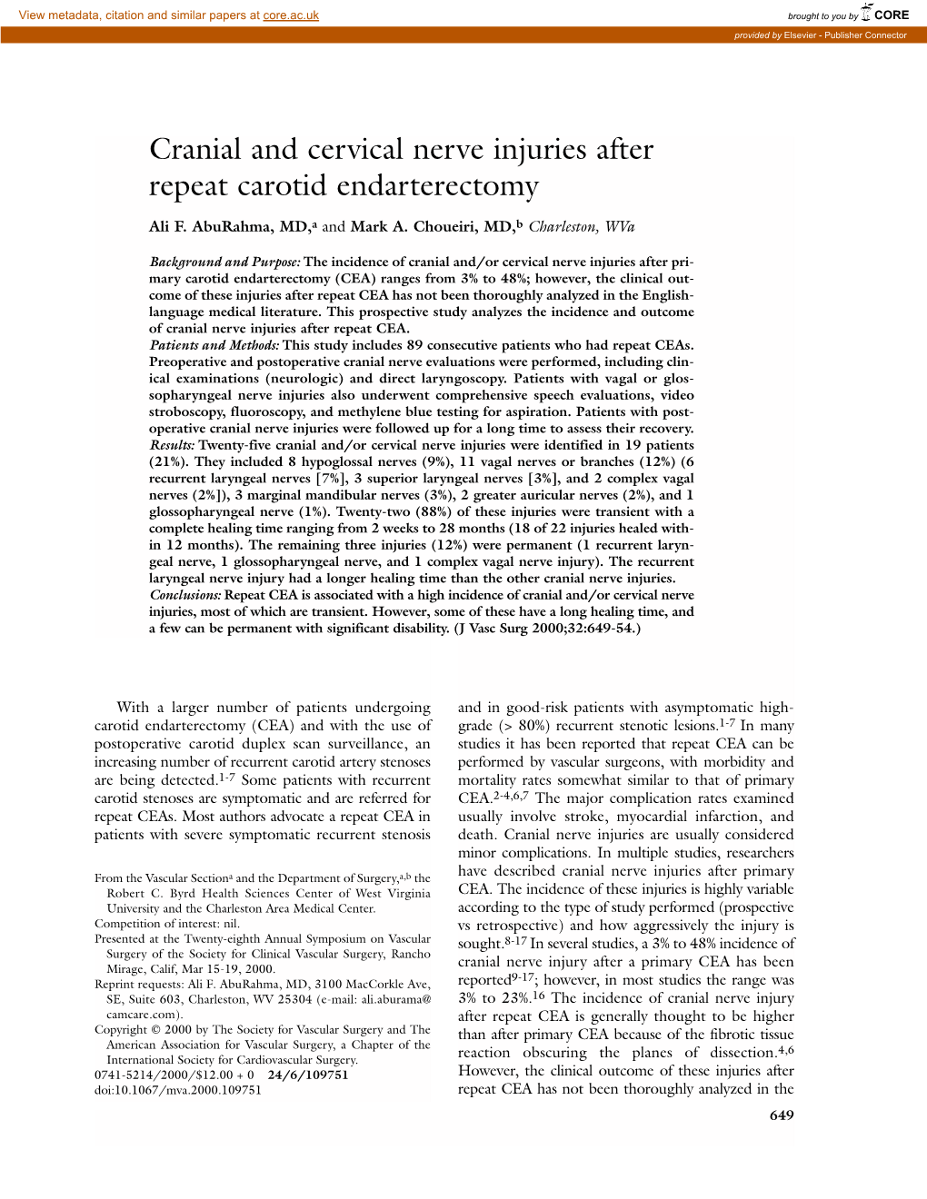 Cranial and Cervical Nerve Injuries After Repeat Carotid Endarterectomy