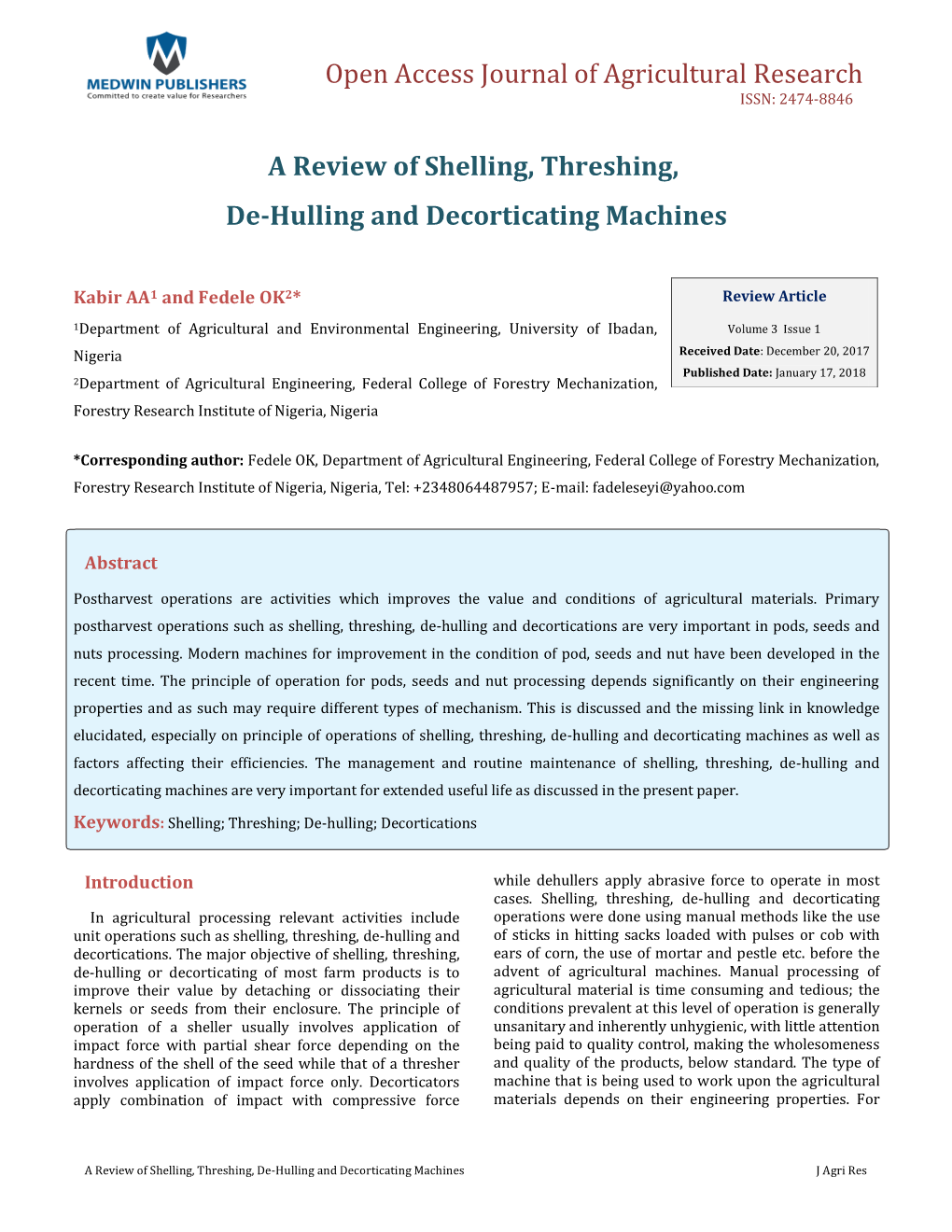 A Review of Shelling, Threshing, De-Hulling and Decorticating Machines