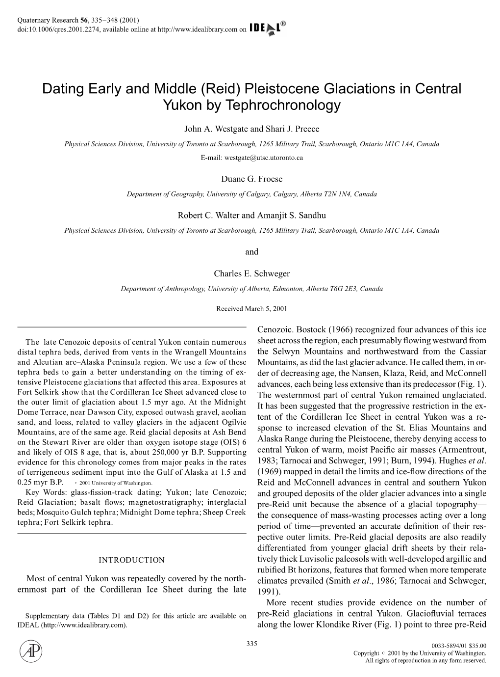 Dating Early and Middle (Reid) Pleistocene Glaciations in Central Yukon by Tephrochronology