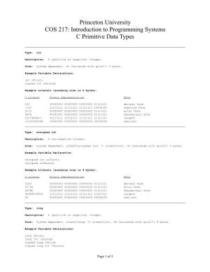 Princeton University COS 217: Introduction to Programming Systems C Primitive Data Types
