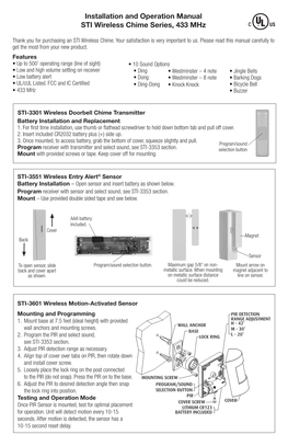 Installation and Operation Manual STI Wireless Chime Series, 433 Mhz