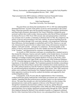 “Slavery, Sectionalism, and Politics in Revolutionary America and the Early Republic: an Historiographical Review, 1960 – 2000”