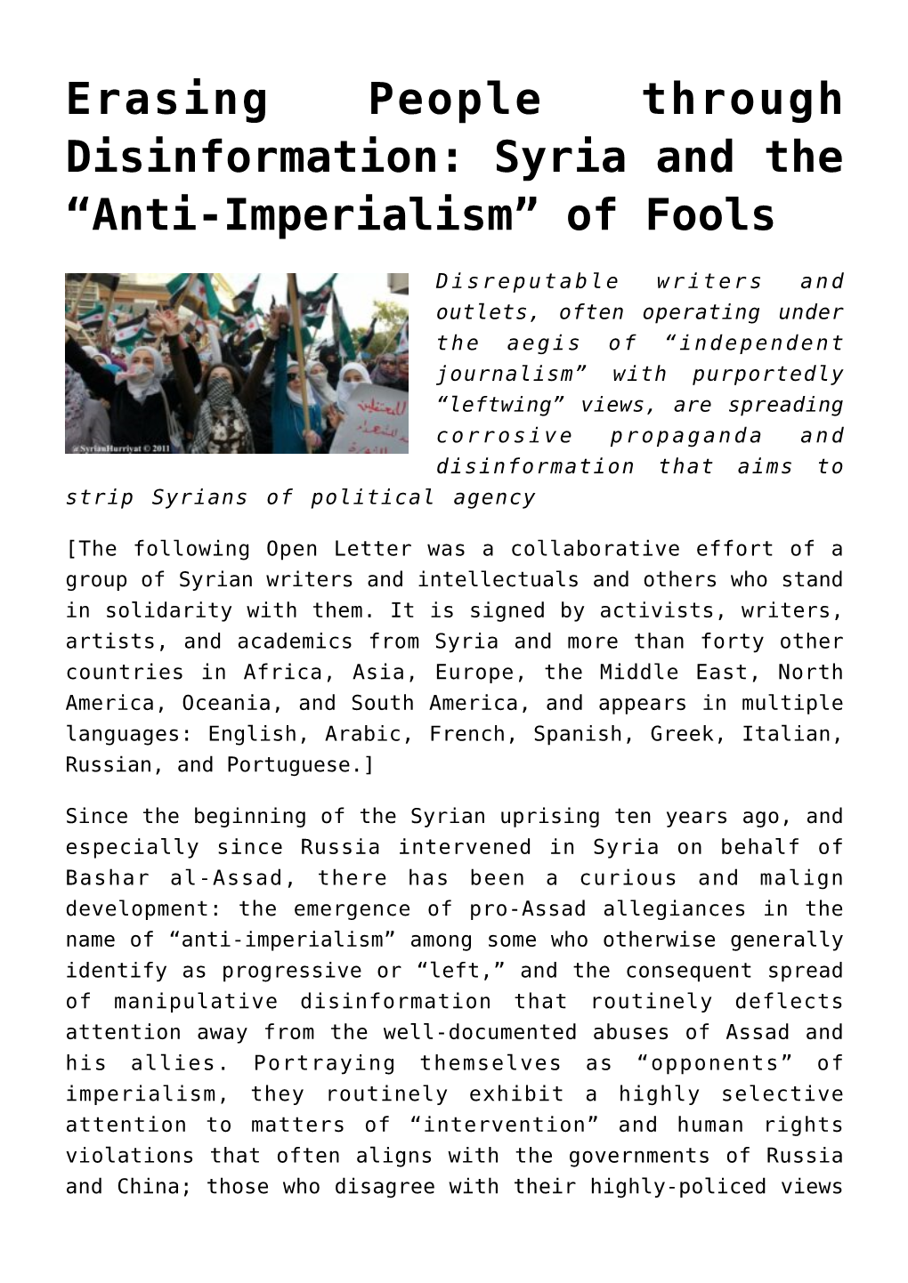 Erasing People Through Disinformation: Syria and the “Anti-Imperialism” of Fools