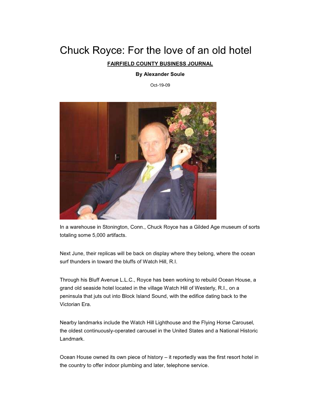 Chuck Royce: for the Love of an Old Hotel FAIRFIELD COUNTY BUSINESS JOURNAL