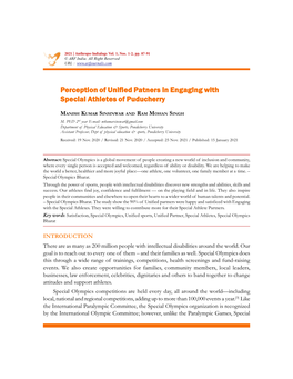 Perception of Unified Patners in Engaging with Special Athletes of Puducherry 89