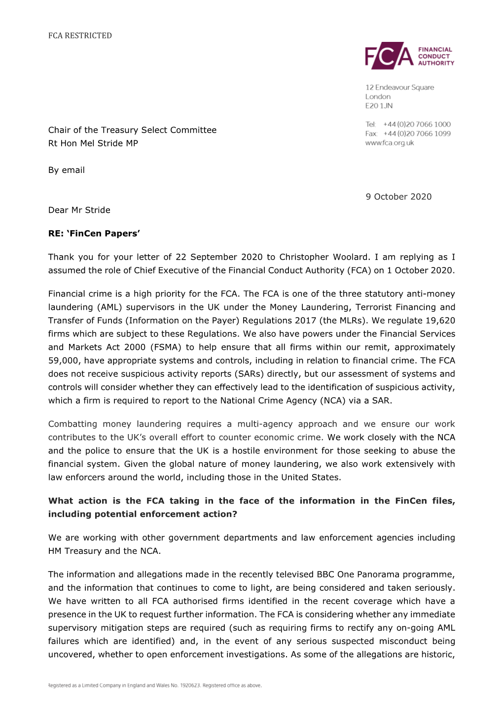 FCA RESTRICTED Chair of the Treasury Select Committee Rt Hon