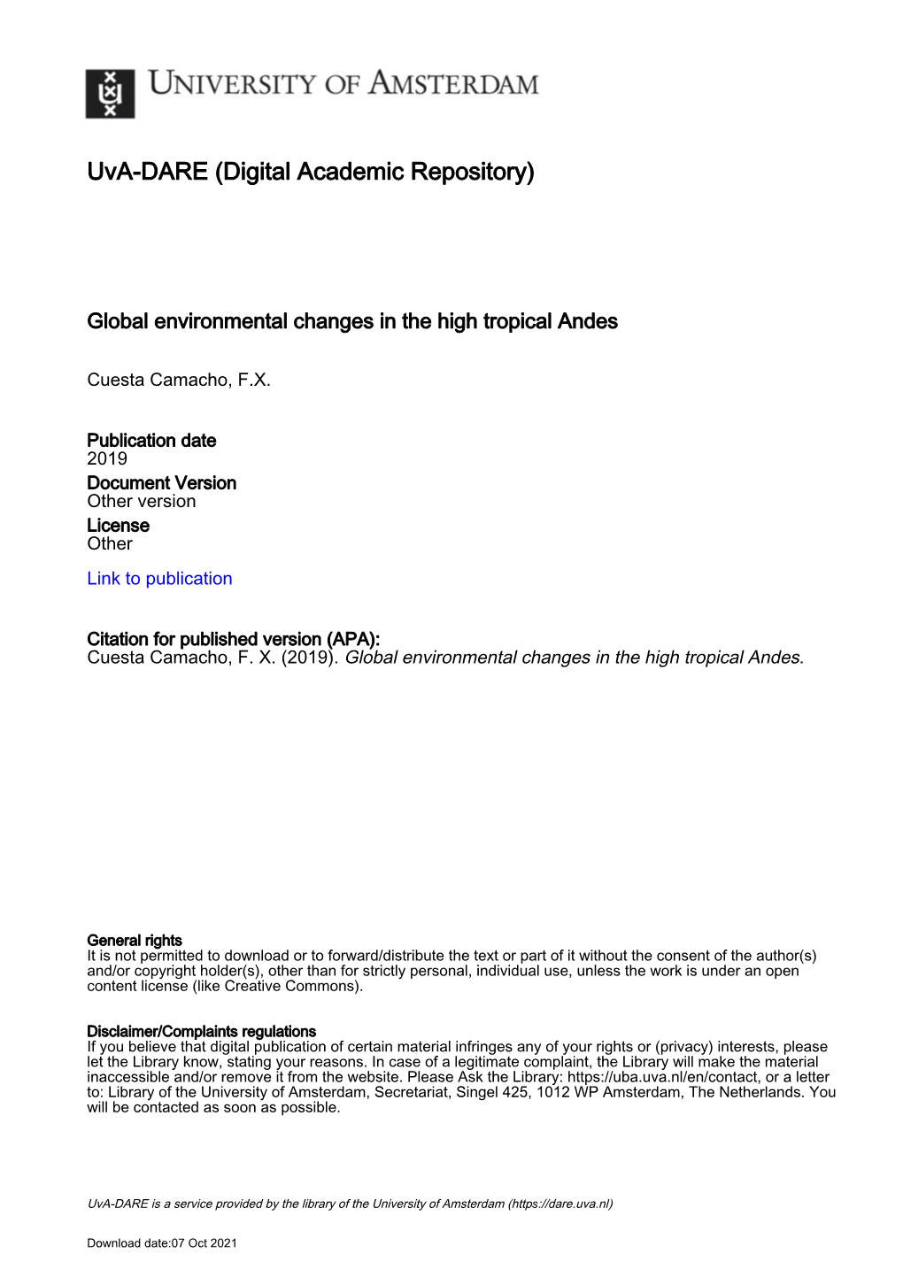 Thermal Niche Traits of Tropical High-Elevation Plant Species And