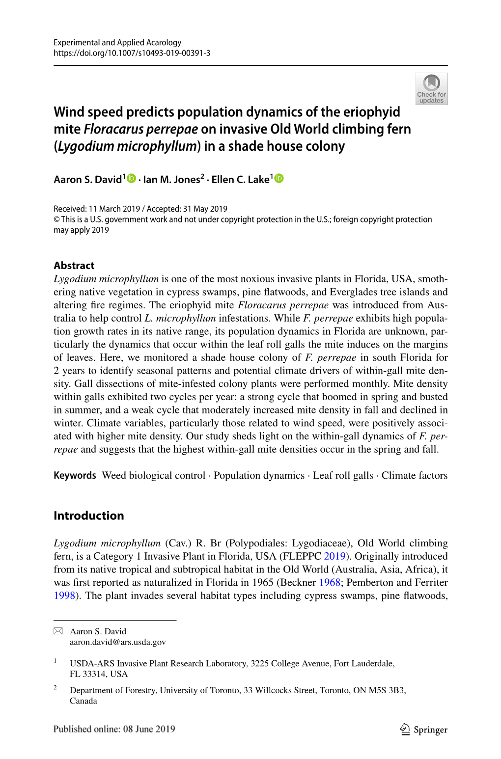 Wind Speed Predicts Population Dynamics of the Eriophyid Mite Floracarus Perrepae on Invasive Old World Climbing Fern (Lygodium Microphyllum) in a Shade House Colony