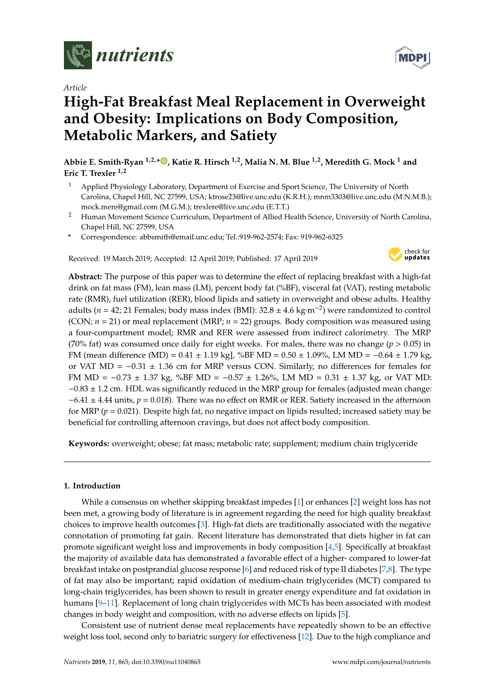 High-Fat Breakfast Meal Replacement in Overweight and Obesity: Implications on Body Composition, Metabolic Markers, and Satiety