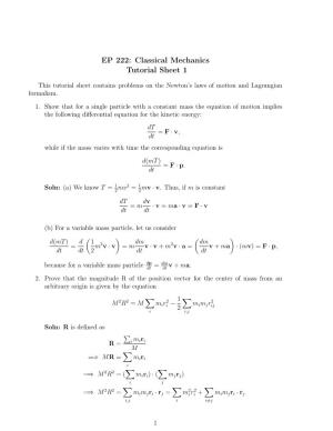 EP 222: Classical Mechanics Tutorial Sheet 1