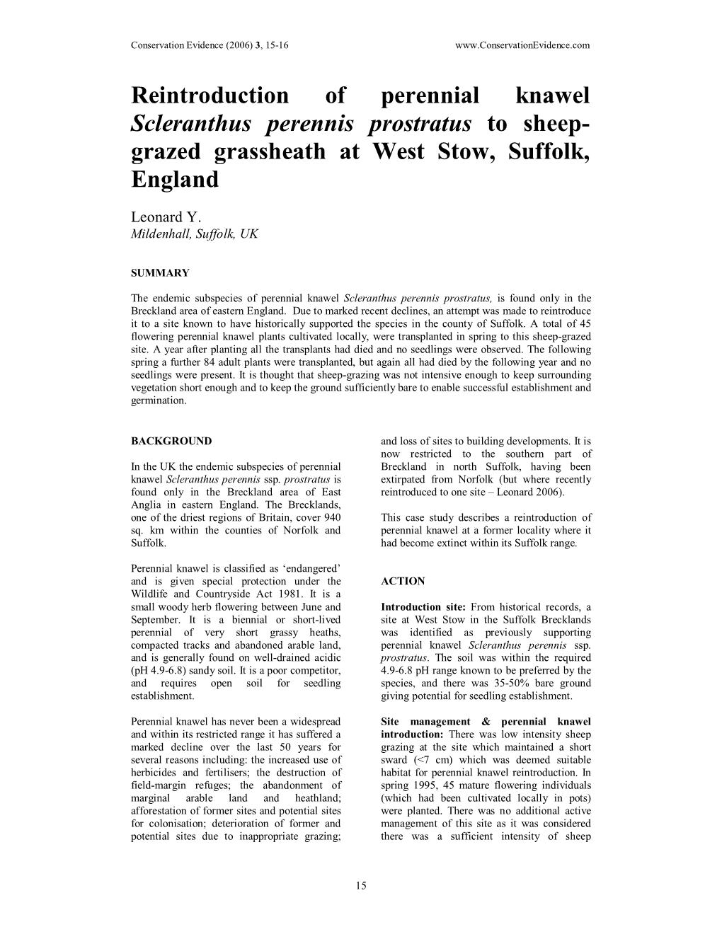 Reintroduction of Perennial Knawel Scleranthus Perennis Prostratus to Sheep- Grazed Grassheath at West Stow, Suffolk, England