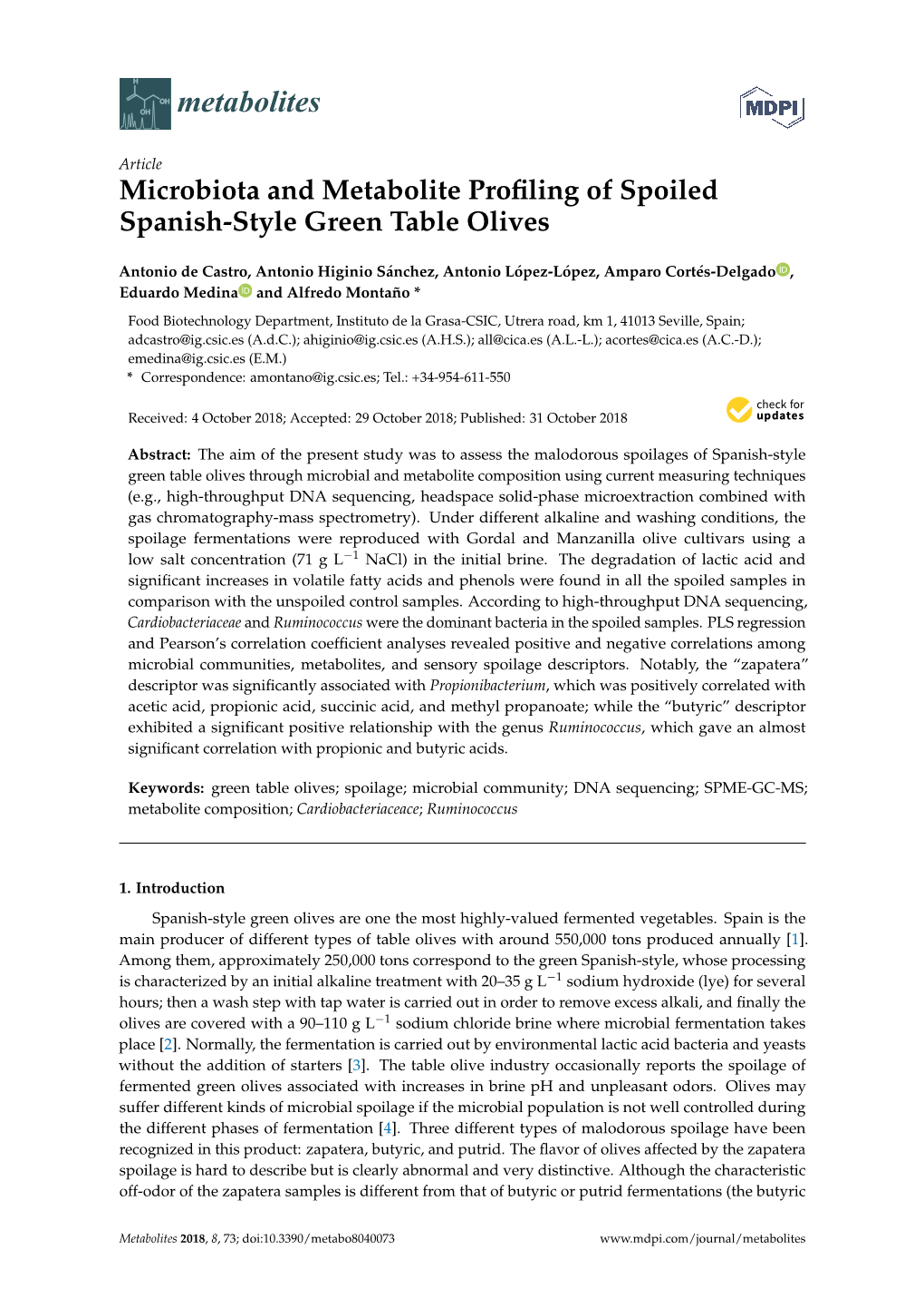 Microbiota and Metabolite Profiling of Spoiled Spanish-Style Green Table