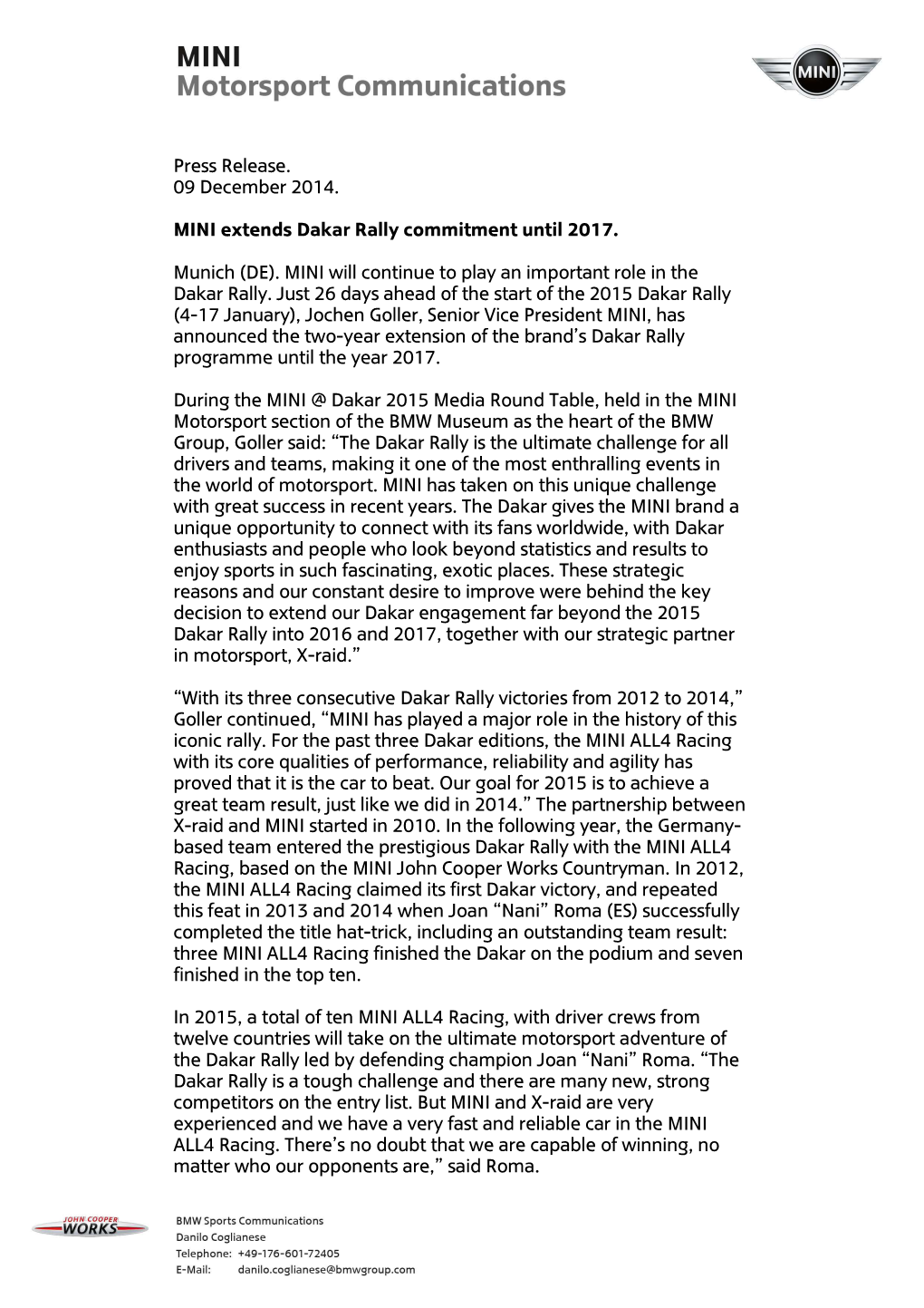 Press Release. 09 December 2014. MINI Extends Dakar Rally