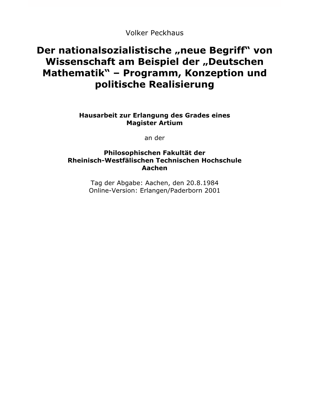 „Neue Begriff“ Von Wissenschaft Am Beispiel Der „Deutschen Mathematik“ – Programm, Konzeption Und Politische Realisierung