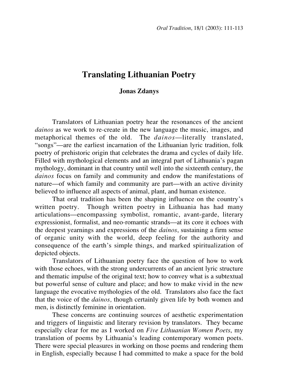 Translating Lithuanian Poetry