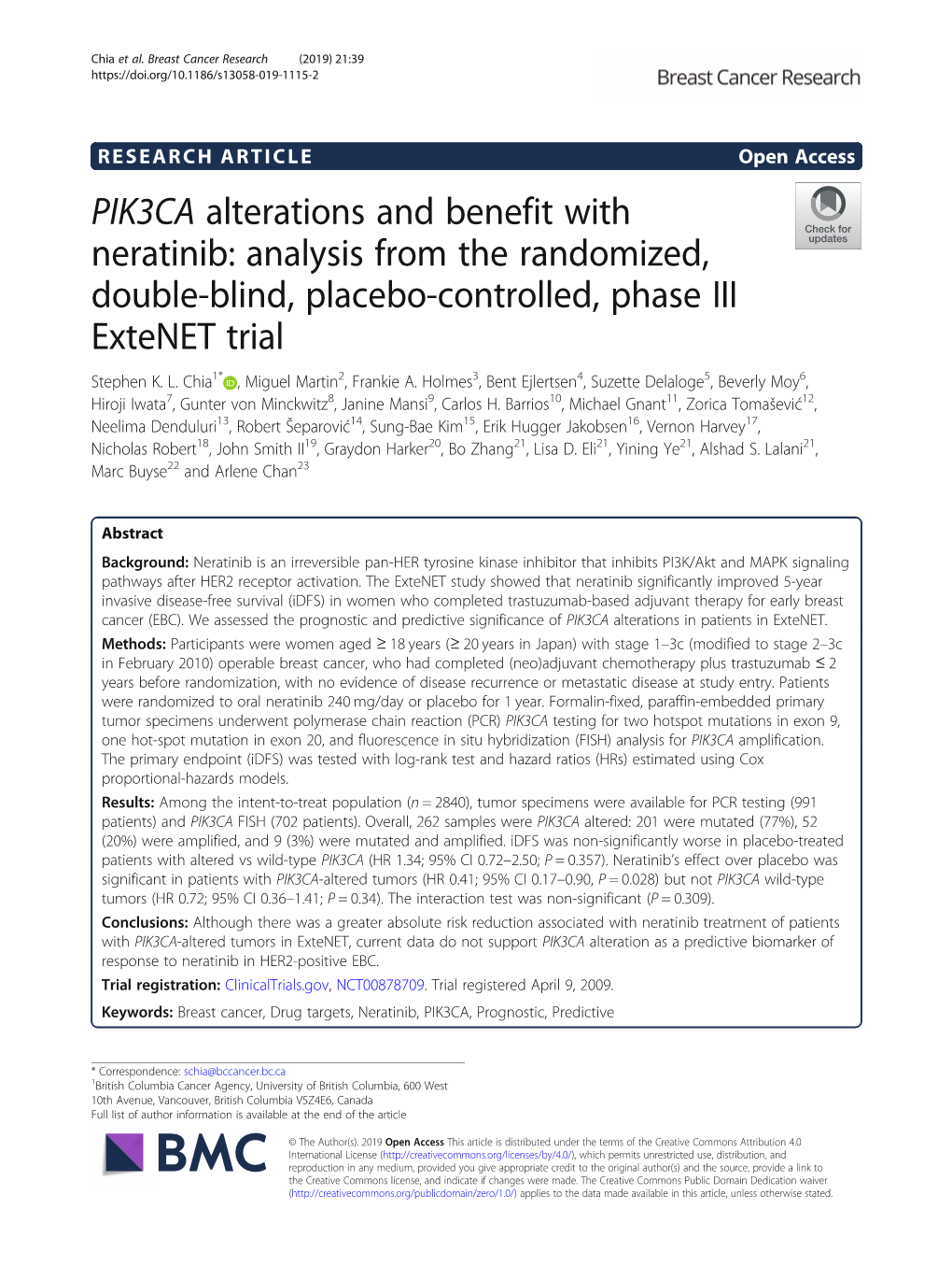 PIK3CA Alterations and Benefit with Neratinib: Analysis from the Randomized, Double-Blind, Placebo-Controlled, Phase III Extenet Trial Stephen K