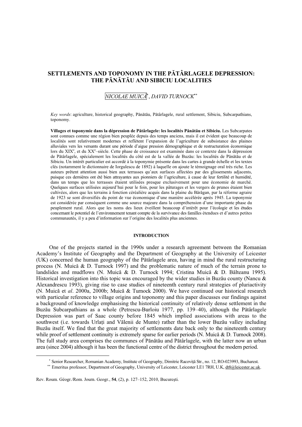 Settlements and Toponomy in the Pătârlagele Depression: the Pănătău and Sibiciu Localities