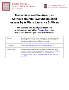 Modernism and the American Catholic Church: Two Unpublished Essays by William Laurence Sullivan