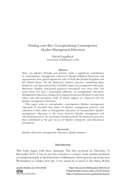 Conceptualising Contemporary Quaker Management Education Conceptualising Contemporary Quaker Management Education David Lingelbach University of Baltimore, USA
