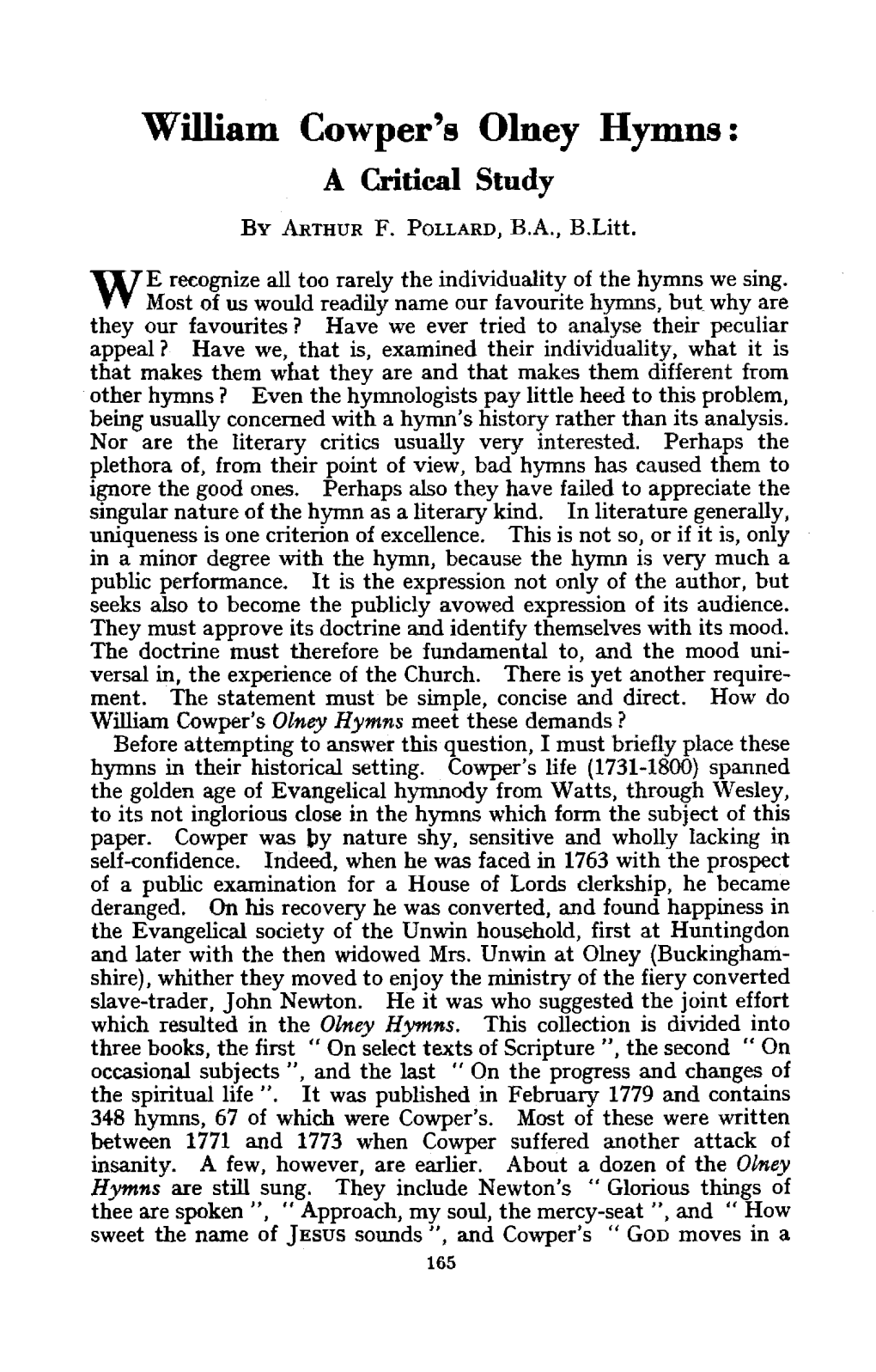 William Cowper's Olney Hymns: a Critical Study by ARTHUR F