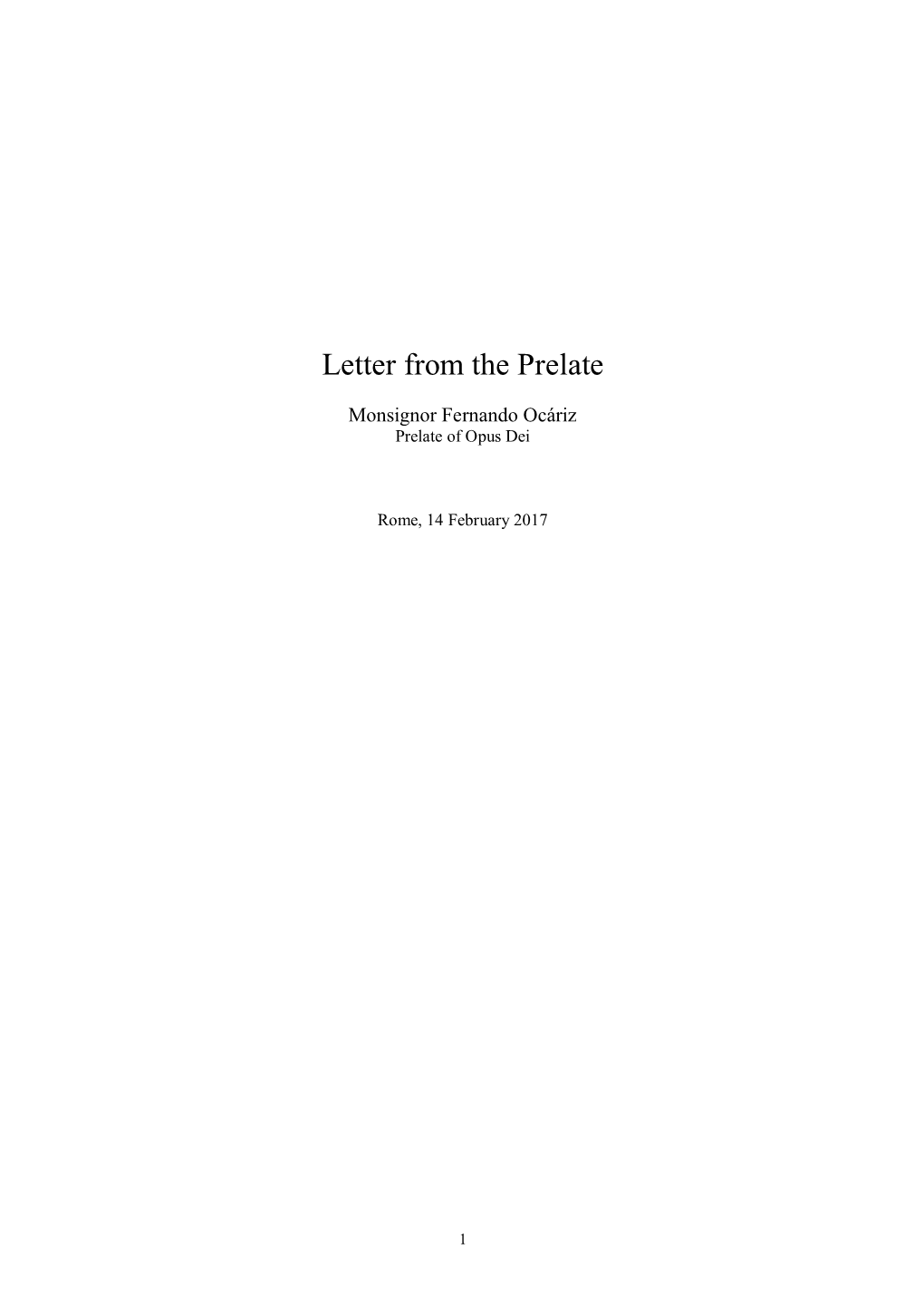 Letter from the Prelate (February 14, 2017)