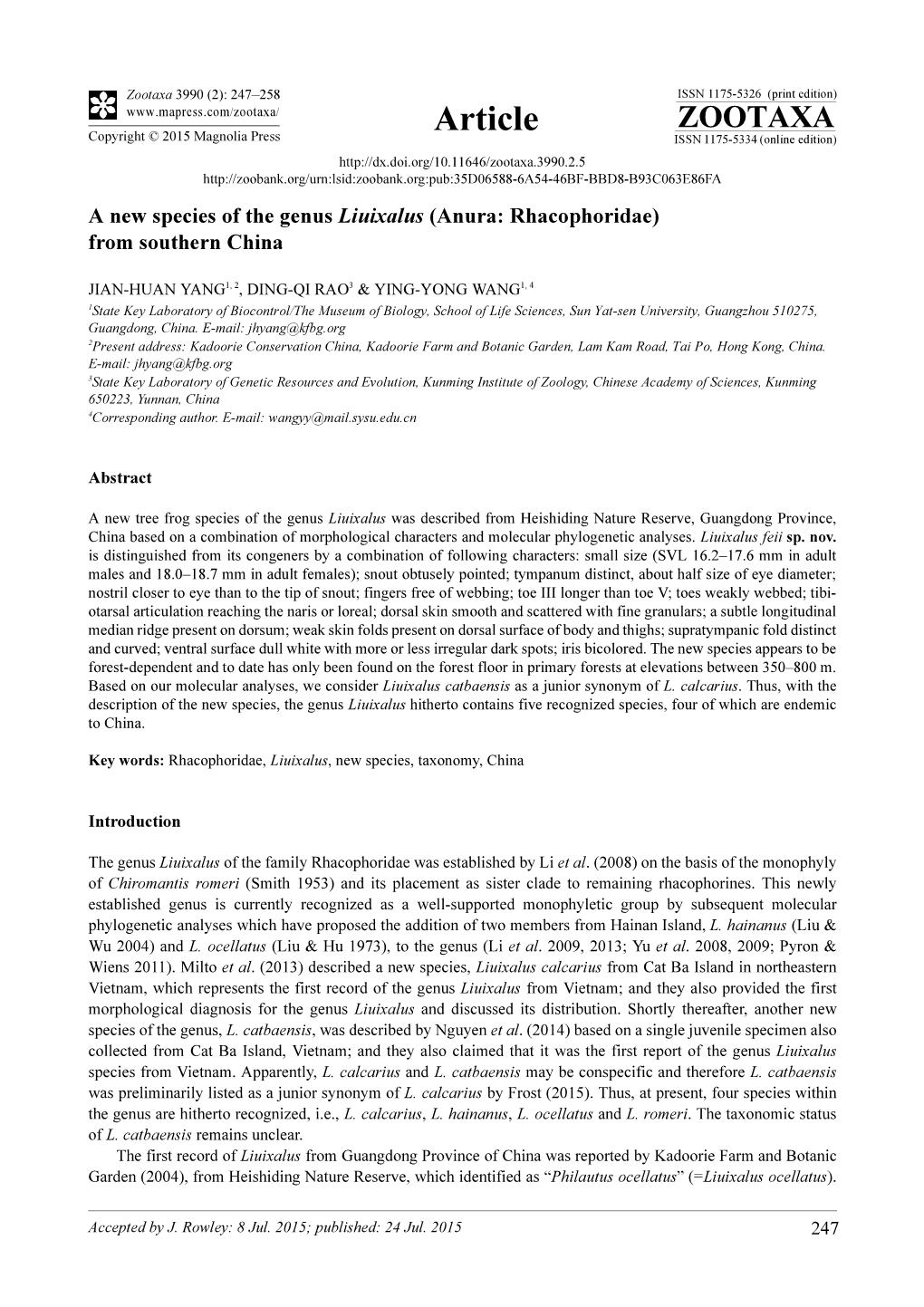 A New Species of the Genus Liuixalus (Anura: Rhacophoridae) from Southern China