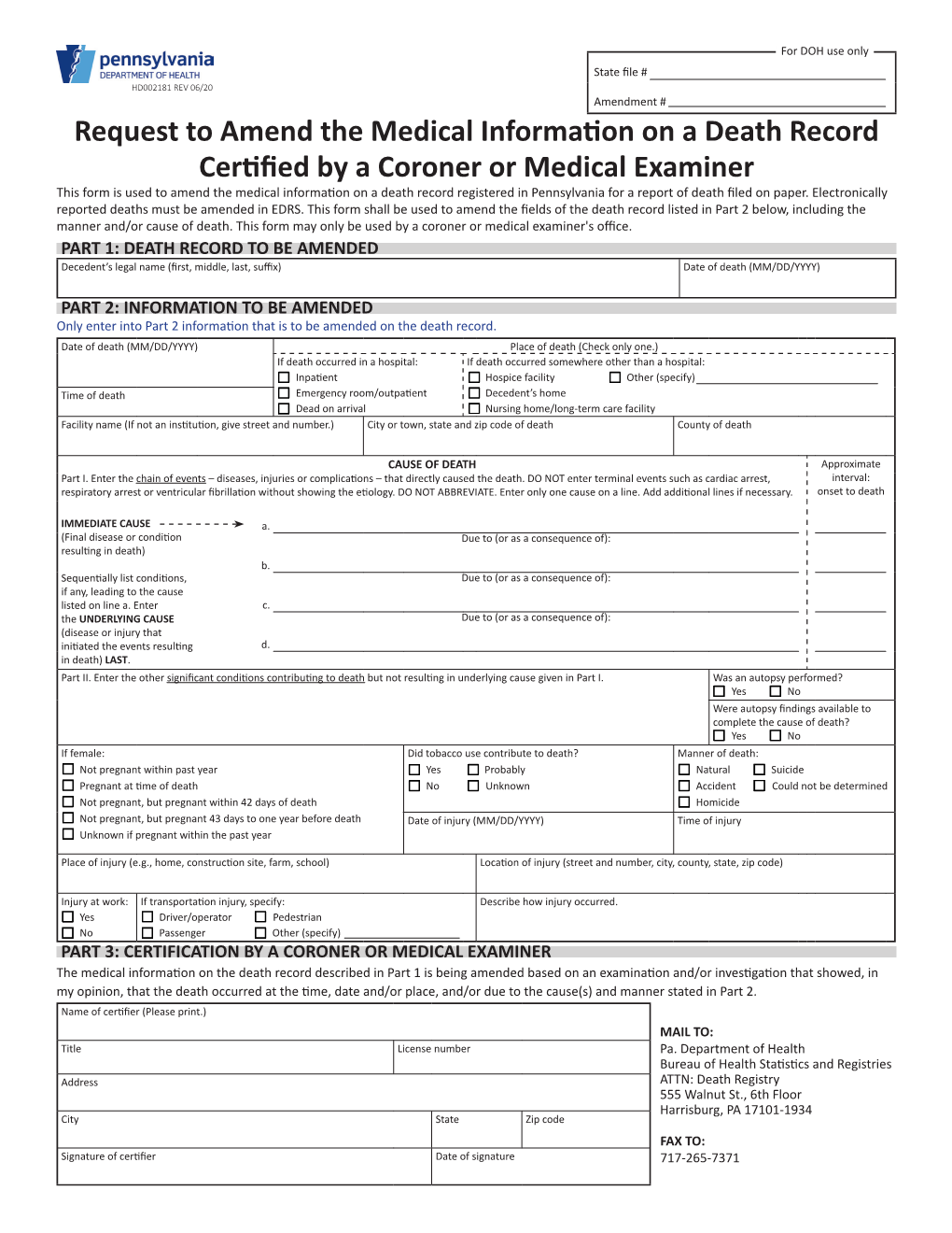 Request to Amend the Medical Information on a Death Record