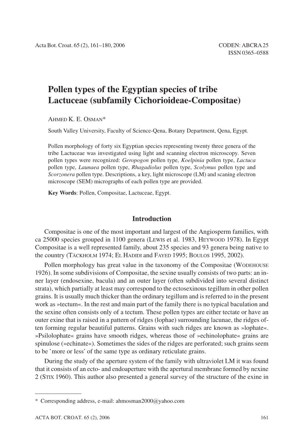 Pollen Types of the Egyptian Species of Tribe Lactuceae (Subfamily Cichorioideae-Compositae)