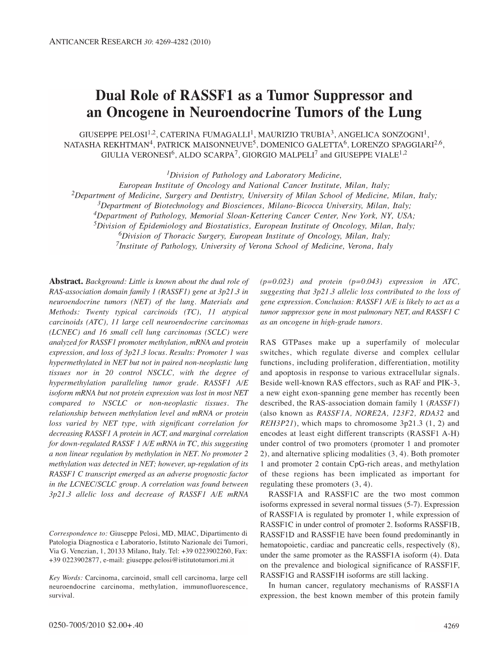 Dual Role of RASSF1 As a Tumor Suppressor and an Oncogene in Neuroendocrine Tumors of the Lung