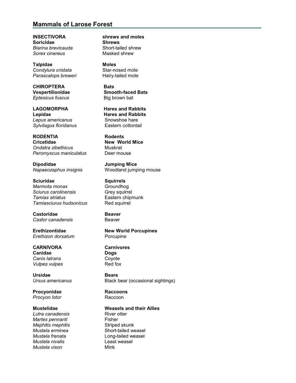 Mammals of Larose Forest