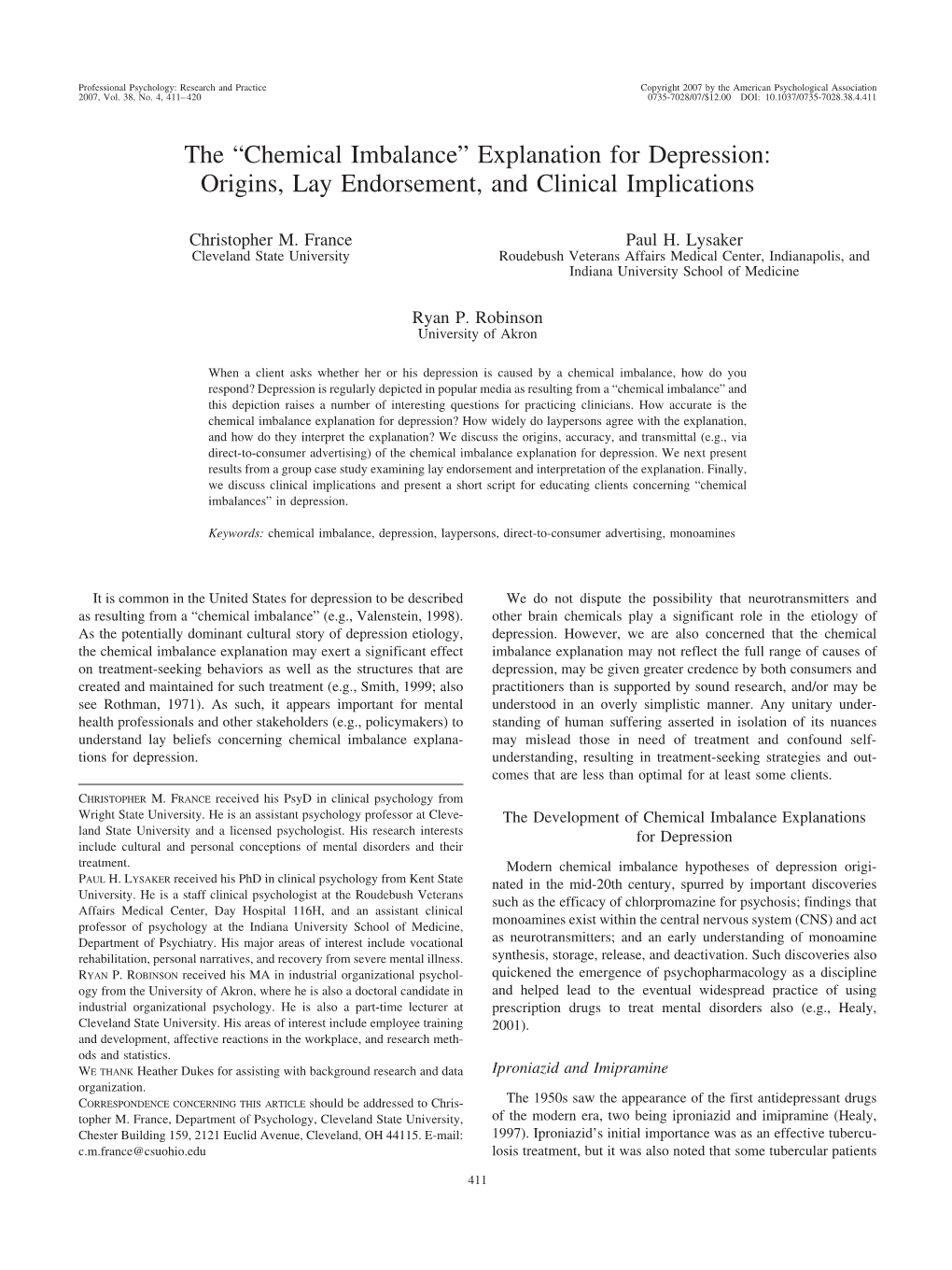 Chemical Imbalance” Explanation for Depression: Origins, Lay Endorsement, and Clinical Implications